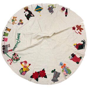 Hand Made Embellished Christmas Tree Skirt Off-White Felt Sequins Bells 64"D